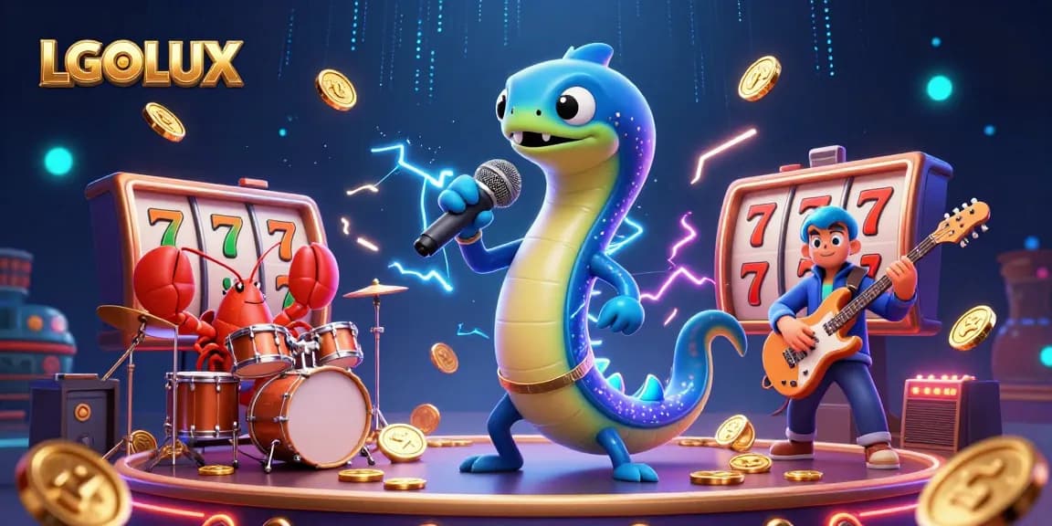 Experience LGOLUX with vibrant 3D illustration of an electric eel DJ and underwater casino vibes.