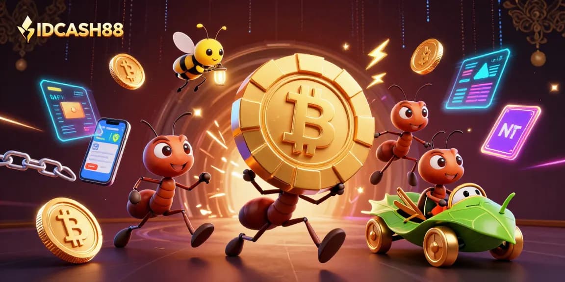 Experience the thrill of IDCASH88 with a playful heist scene featuring cartoon ants and cryptocurrency.