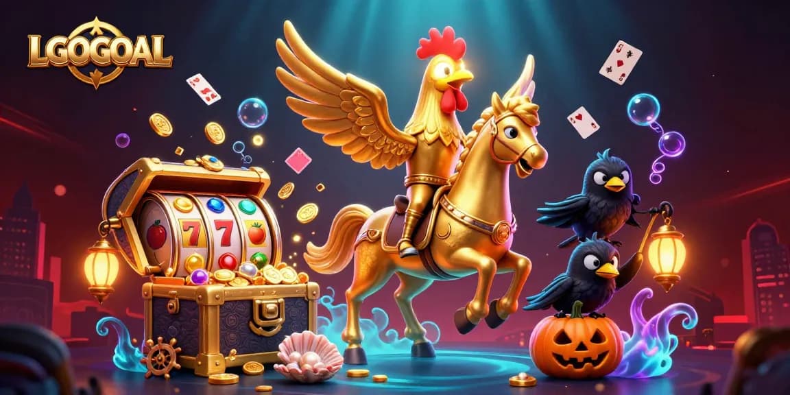 Experience LGOGOAL's thrilling gaming scene featuring a golden rooster and rich casino elements.