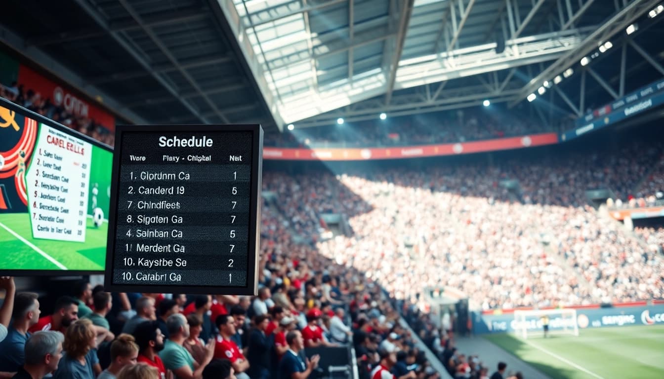 Jadwal bola terlihat jelas di papan digital stadion dengan penonton bersemangat.