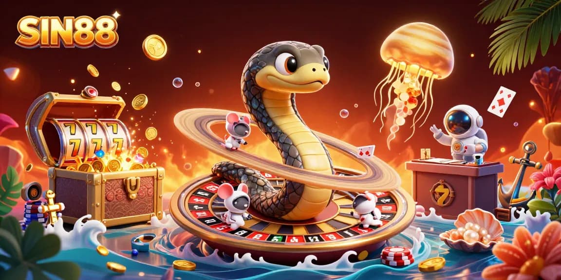 SIN88 exemplifies an exciting cosmic casino scene with a vibrant Saturn snake roulette wheel and astronaut mice betting.