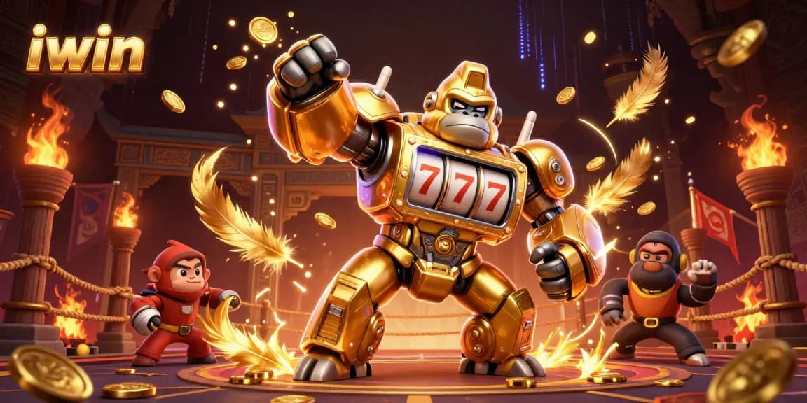iwin showcases a powerful gaming scene with a golden gorilla mech and dynamic elements.