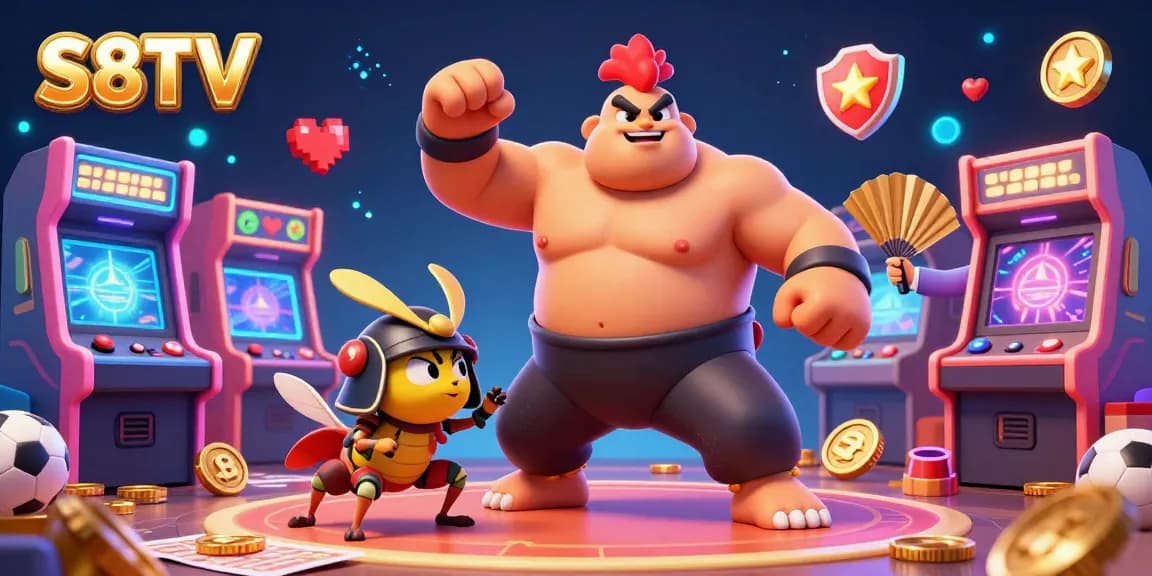 S8TV sports betting scene featuring a powerful sumo wrestler rooster, a fierce cricket, and a tanuki announcer amidst vibrant gaming elements.