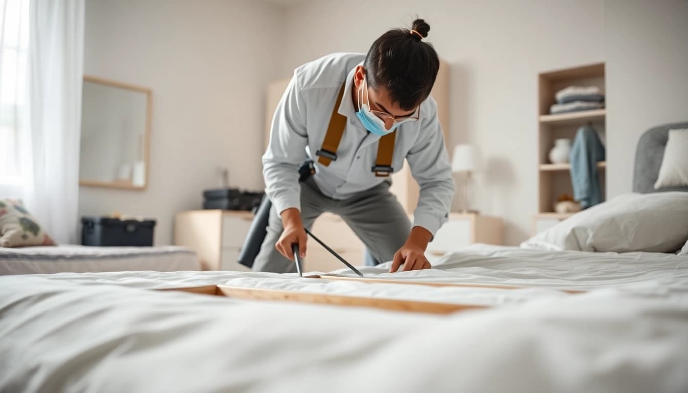 Bed bug exterminators inspecting and treating a bedroom for bed bugs.