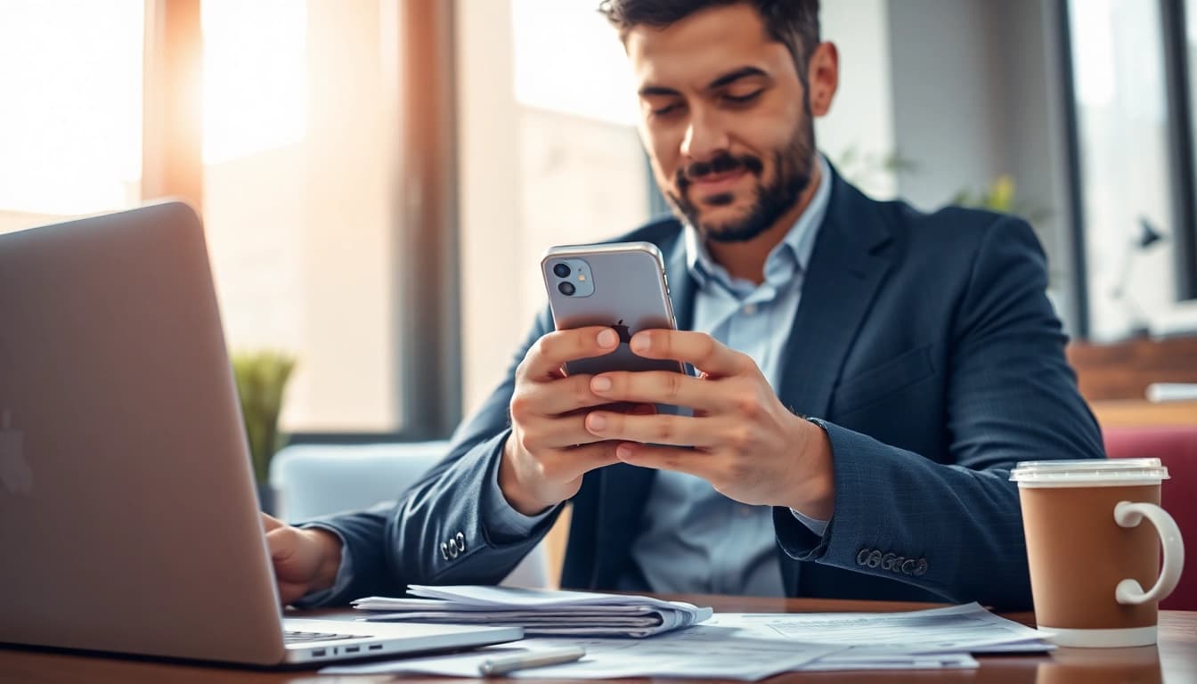 Sell iPhone for cash with a professional evaluating a smartphone in a bright workspace.