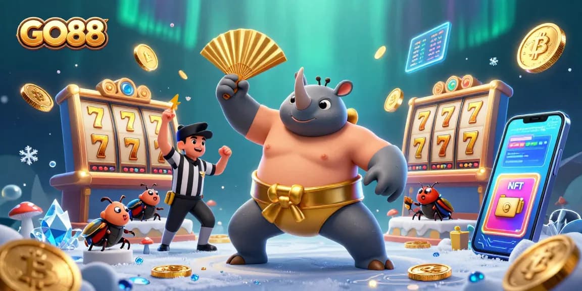 GO88 engages players with a captivating illustration of a sumo beetle champion amidst thrilling slot game elements.