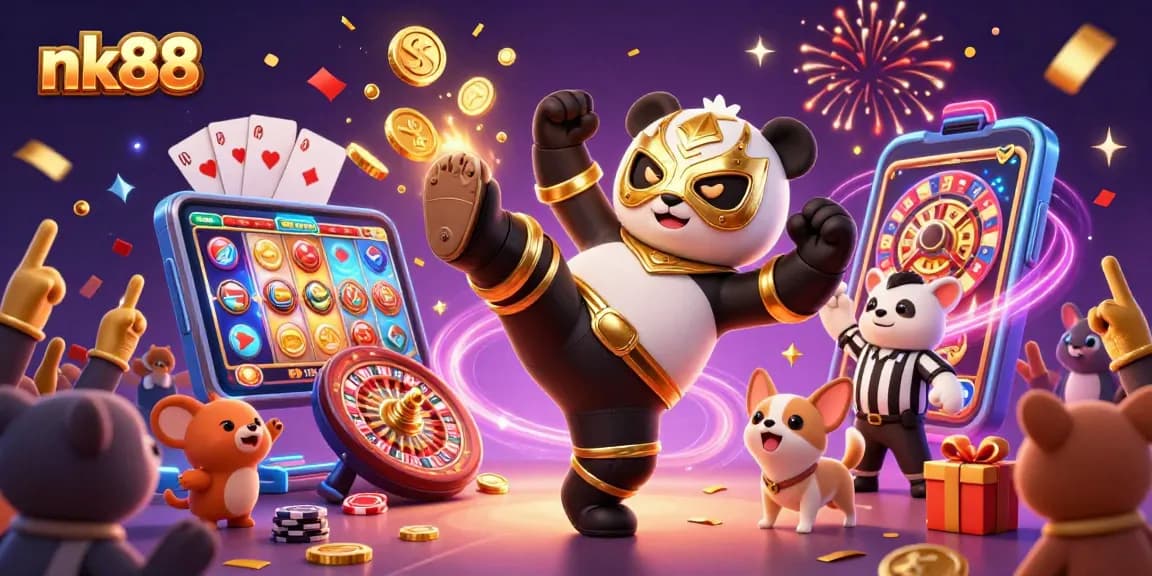 Engage in exciting games at nk88 with a thrilling scene showcasing a panda and chihuahua in a vibrant casino.