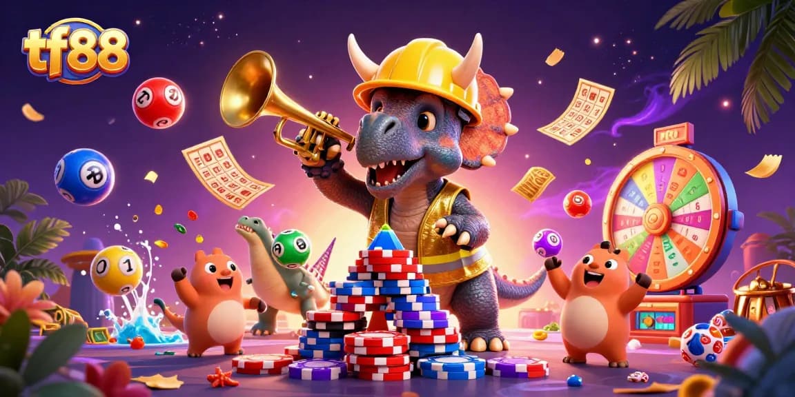 Join the excitement of tf88 with playful dinosaurs and vibrant gaming elements in a lively casino atmosphere.