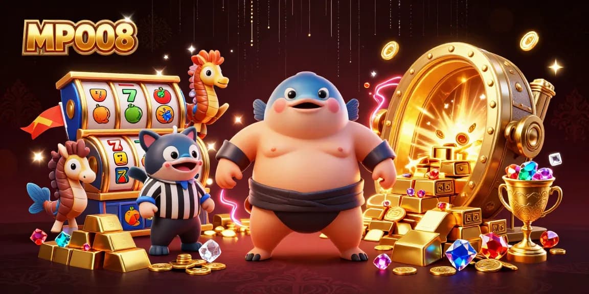 MPO08 showcases a vibrant underwater casino scene with a fugu, catfish referee, and slot elements in action.