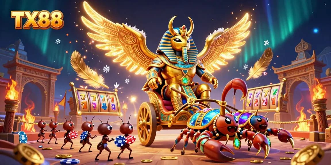 Engage in thrilling casino excitement with TX88, a vibrant scene featuring a golden scarab, scorpions, and slot game elements.