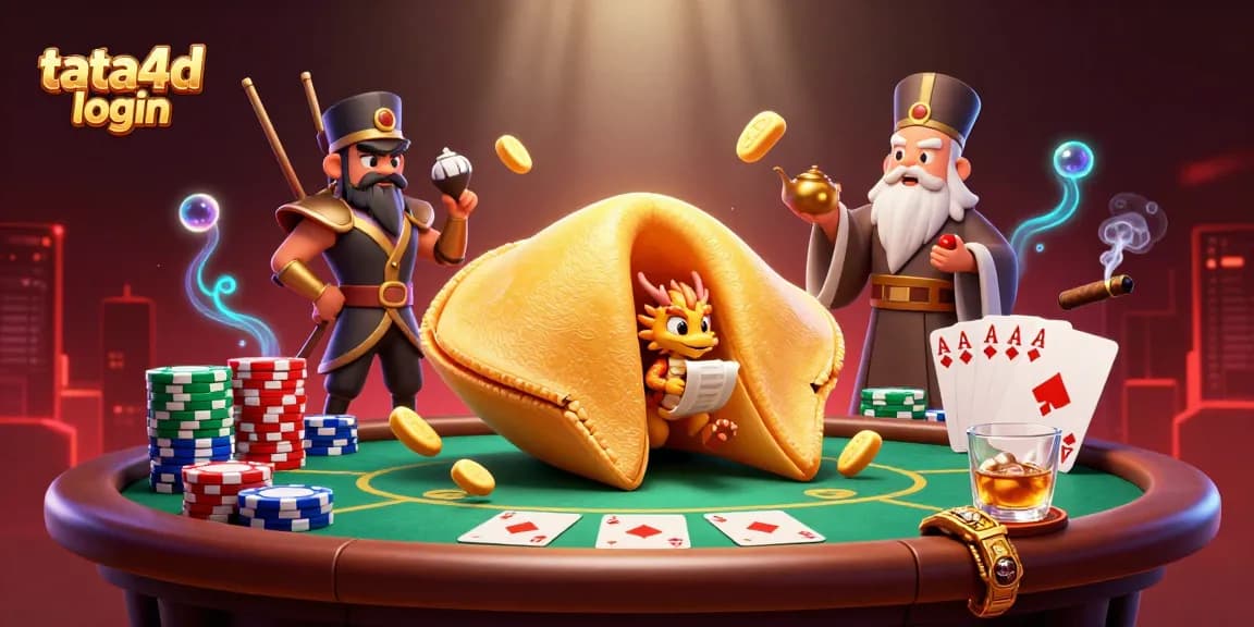Tata4d login showcases a giant golden fortune cookie with a dragon and poker elements, creating a vibrant casino scene.