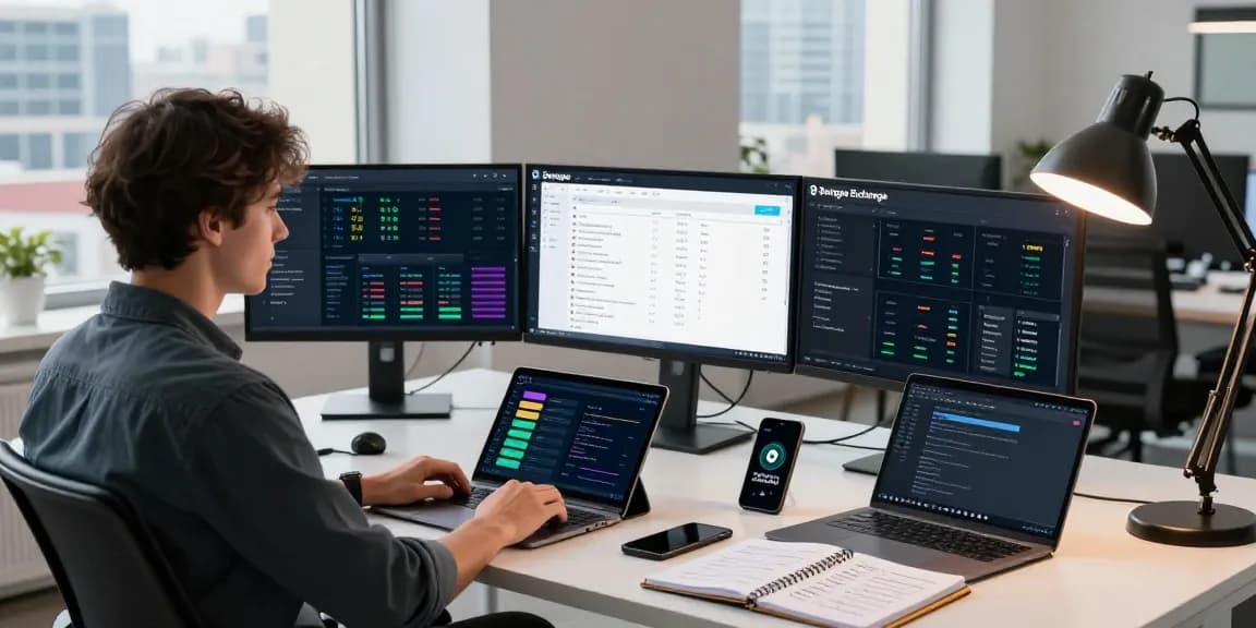 User analyzing multiple blockchain transactions on Bungee Exchange in a modern financial workspace.