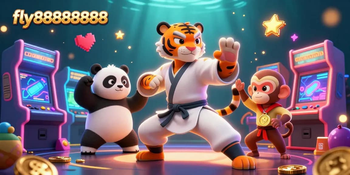 Join in the excitement at fly88888888, where a kung fu tiger shows off skills amidst vibrant casino game elements.