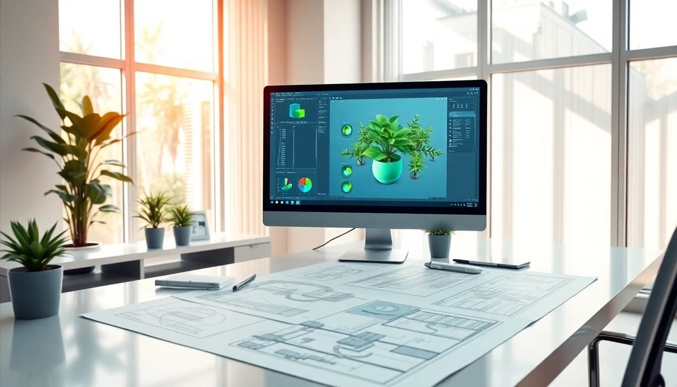 Creating intricate Plant 3D isometrics in a modern office setup with blueprints and a computer.