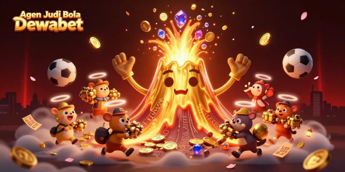 Agen Judi Bola Dewabet features a triumphant volcano erupting coins and treasure while animals flee in this energetic sports betting scene.