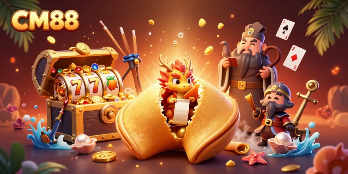 Experience CM88's colorful slot adventure with a golden fortune cookie and dynamic casino elements.