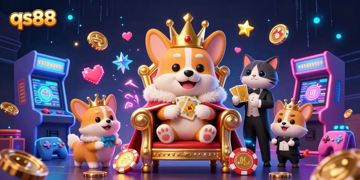 Experience the vibrant qs88 casino world with exciting gaming visuals, royal corgi illustrations, and dynamic elements.