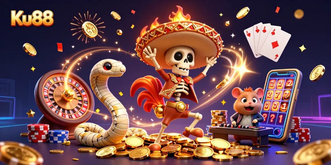 Experience Ku88's thrilling celebration with a vibrant 3D cartoon casino scene featuring unique characters.