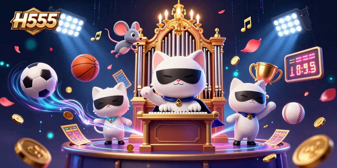 Betting adventure at H555 with a phantom cat at a casino organ, sports balls flying around.