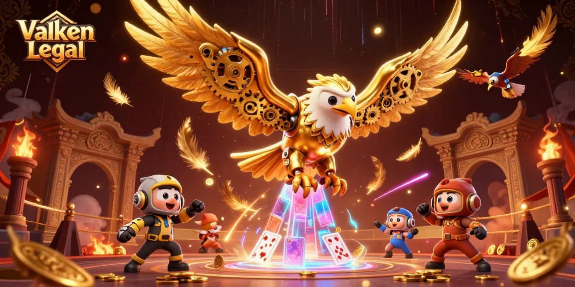 Valken Legal showcases a cybernetic eagle diving through holographic poker cards in a vibrant gaming arena.