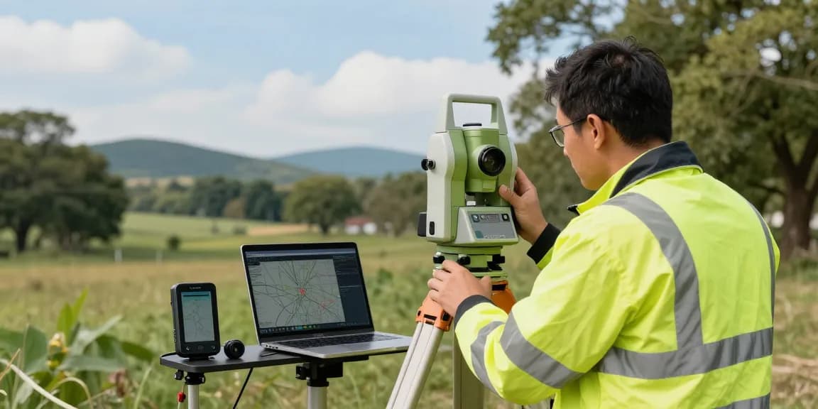 Surveyors using advanced equipment for topographical surveys in the UK.