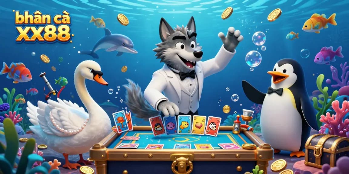 Bắn cá xx88 showcases underwater excitement with sea creature cards and vibrant gameplay.