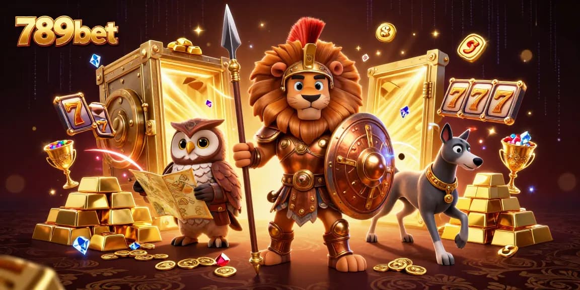 Engage in thrilling games with 789bet's vibrant casino scene featuring an armored lion, owl strategist, and limitless treasures.