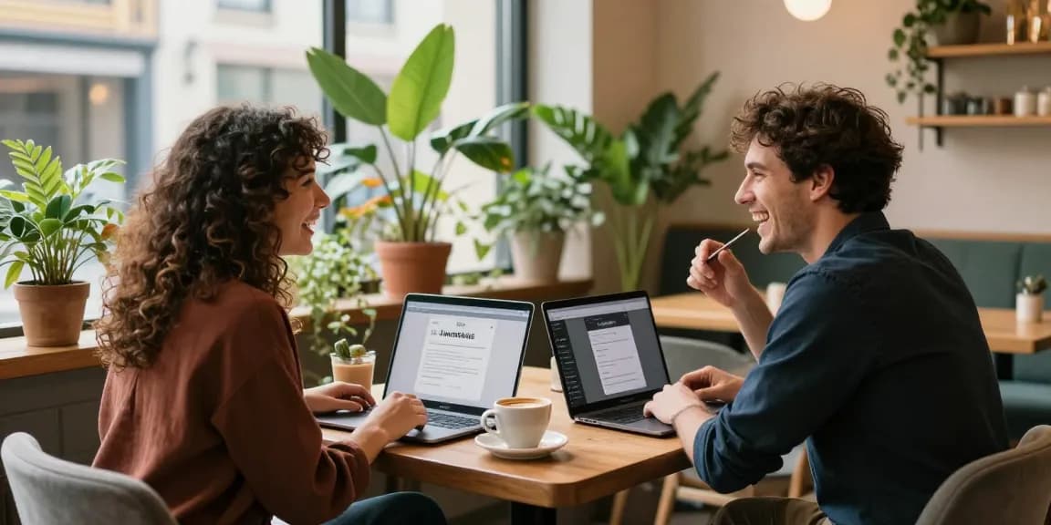 Singles connecting over coffee using the HundRoses dating app in a modern café.