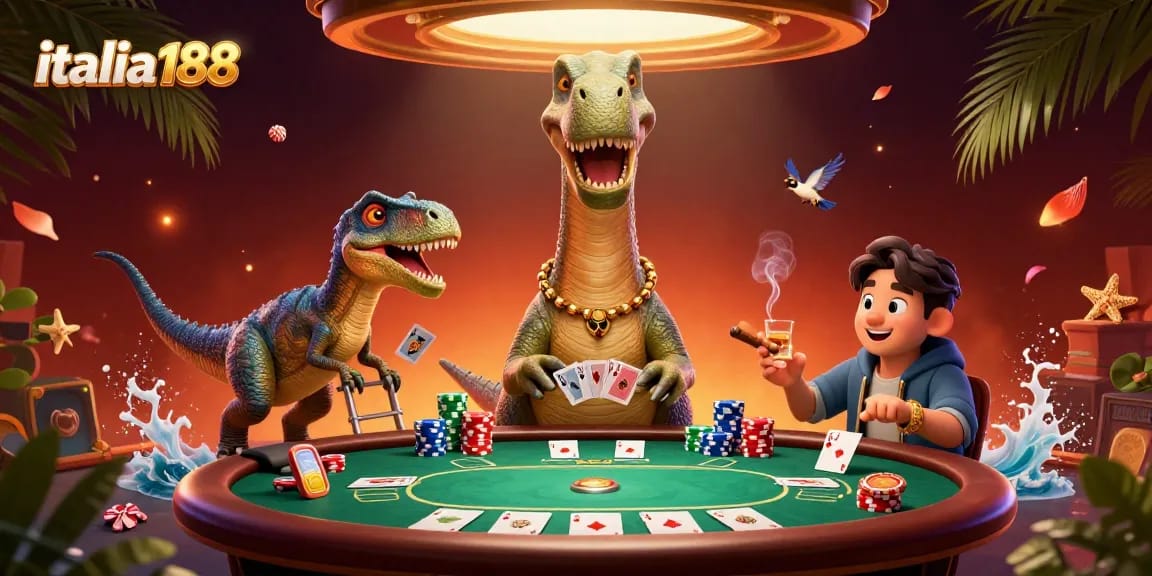 Bermain judi di italia188 dengan ilustrasi tinggi dinosaurus di kasino dan kartu poker.