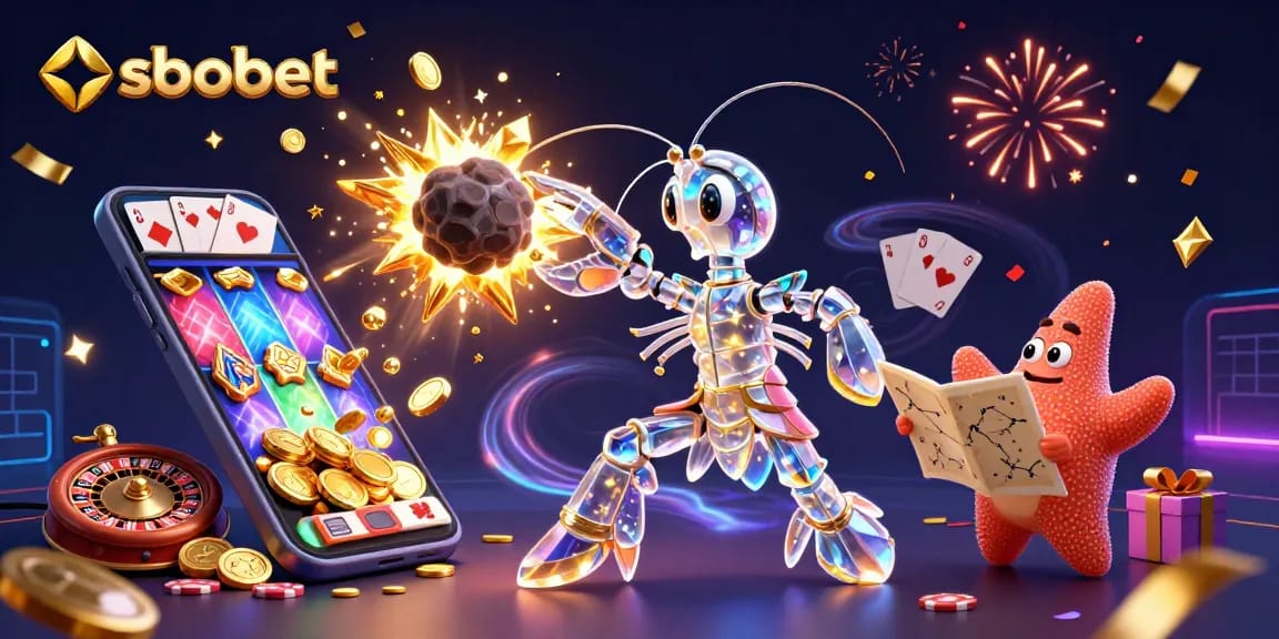 Experience the excitement of sbobet with a galactic samurai and starfish amidst casino elements.