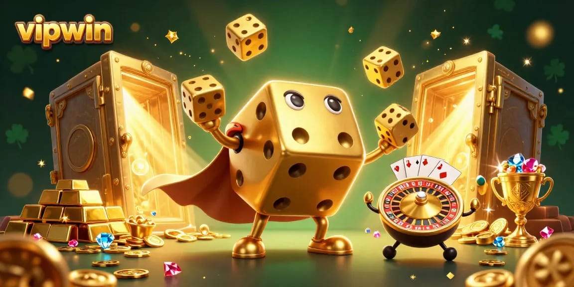 Experience thrilling gaming action at vipwin with a dynamic 3D cartoon scene filled with golden treasures and dice elements.