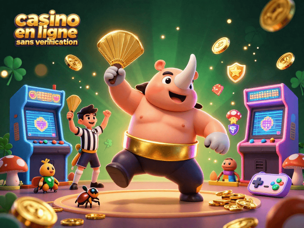 Jouer dans un casino en ligne sans vérification avec des personnages de jeu colorés et des pièces d'or volantes.
