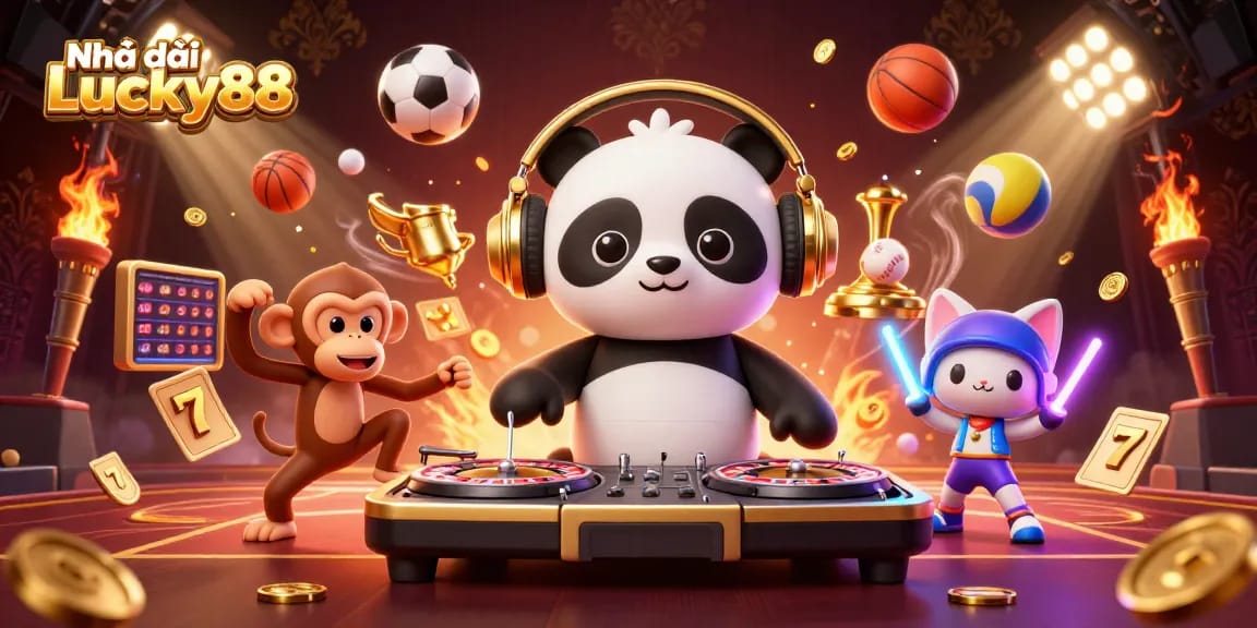 Experience the thrill at Nhà cái Lucky88 with a vibrant illustration of a DJ panda and animated casino fun.