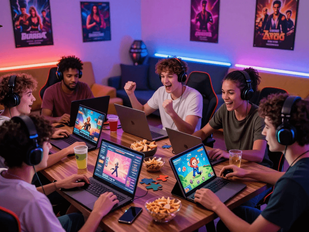 Players engaged in a lively porn game session on various devices, highlighting the thrill of online adult gaming.