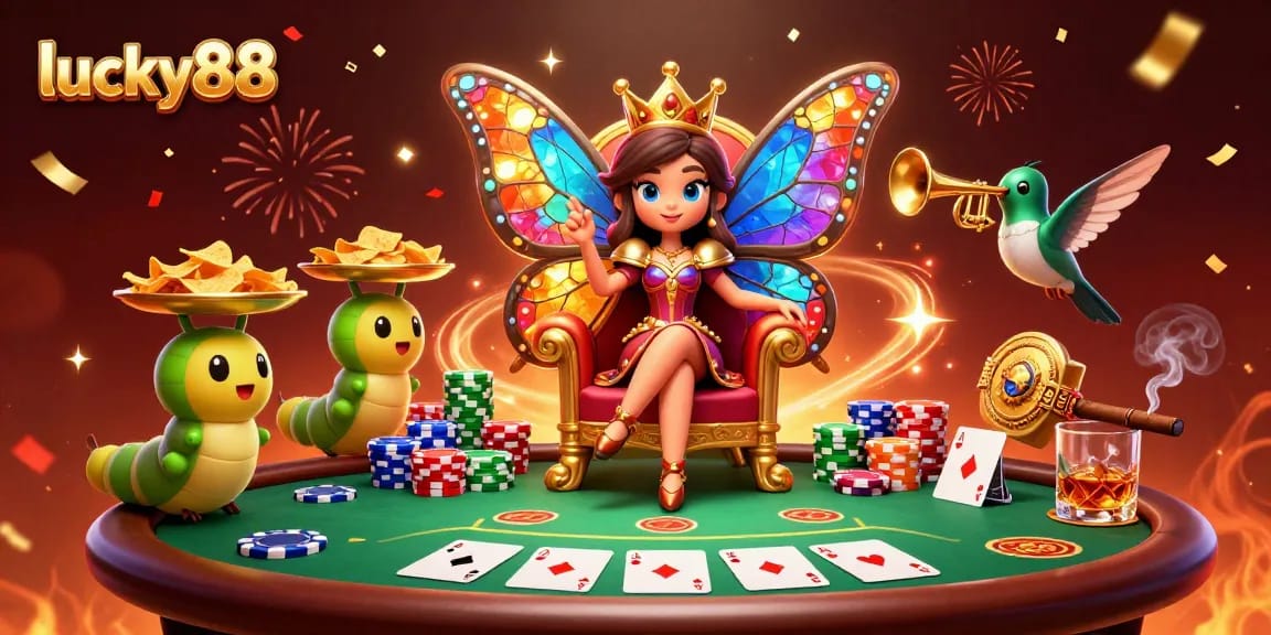 Win big with lucky88 at an exciting poker scene featuring a regal butterfly queen.