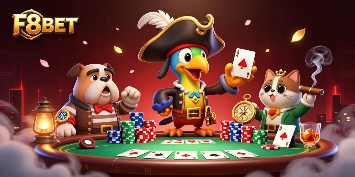 Engage in thrilling poker action with F8BET's vibrant pirate-themed casino illustration featuring key characters.
