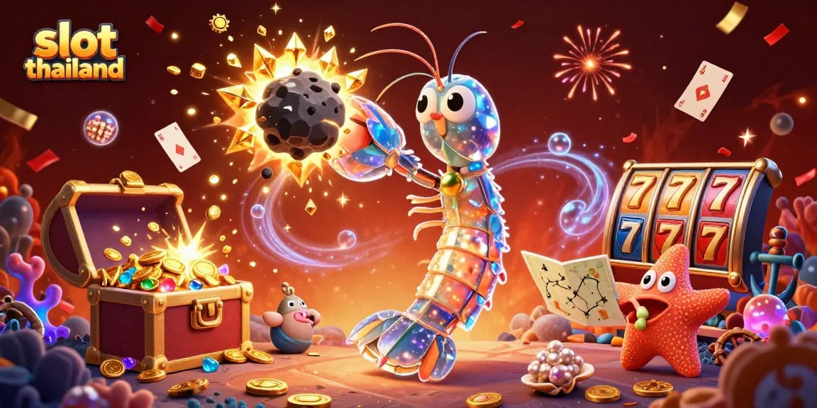 Experience the excitement of slot thailand with vibrant gems and golden coins bursting from a dynamic casino scene.