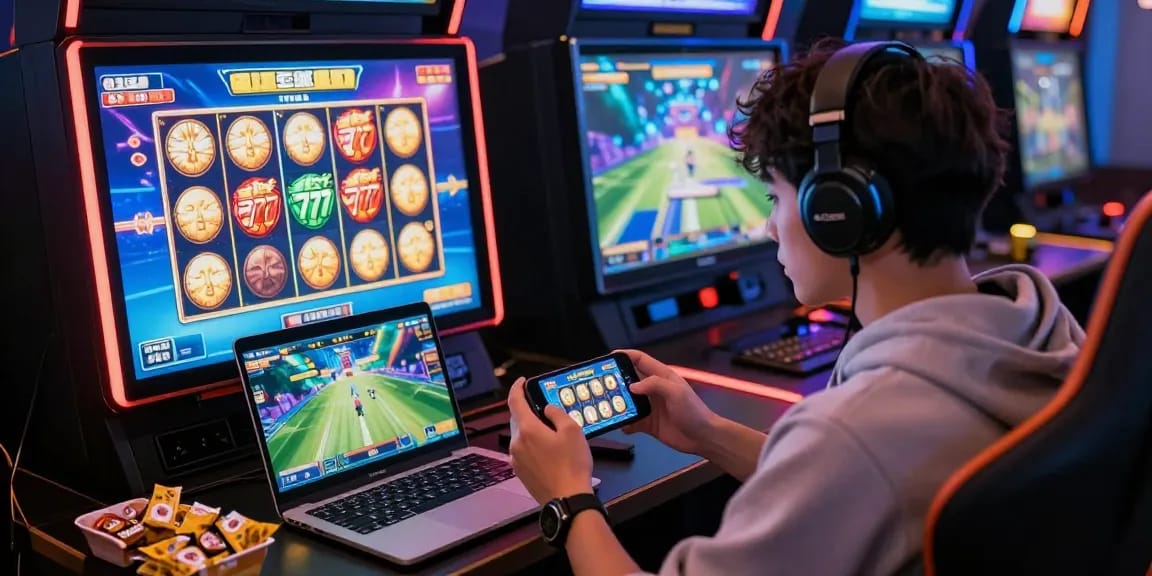 Engaging gaming atmosphere with player focused on slot gacor 777, colorful digital interface, cozy setup.
