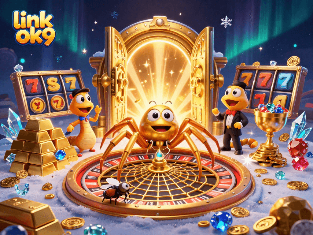 Bet on link ok9 with a 3D cartoon spider and croupier spinning a roulette web