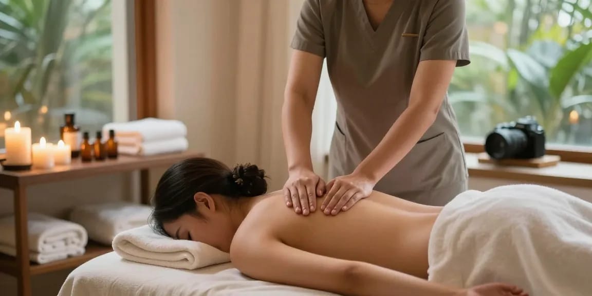 마사지 치료 중 안락한 스파 환경을 배경으로 한 장면