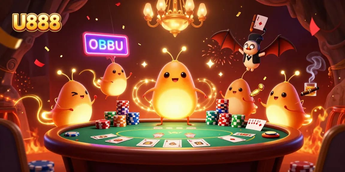 Experience the excitement of U888 with glowworms lighting a vibrant casino scene packed with poker action.