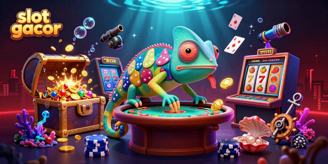 Experience the thrill of slot gacor with a chameleon casino owner among vibrant game elements.