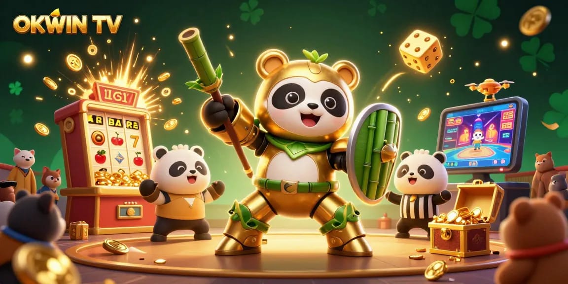 Engage in thrilling gaming moments with OKWIN TV, showcasing a dynamic 3D casino illustration.