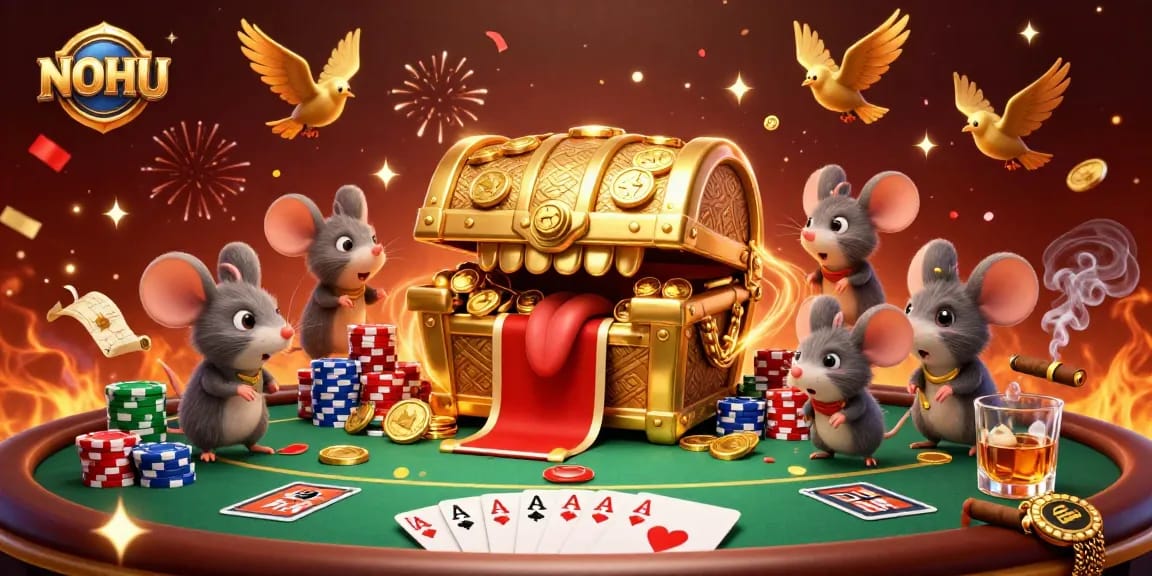 Engage with the vibrant NOHU casino scene featuring a treasure chest, chips, and poker action.