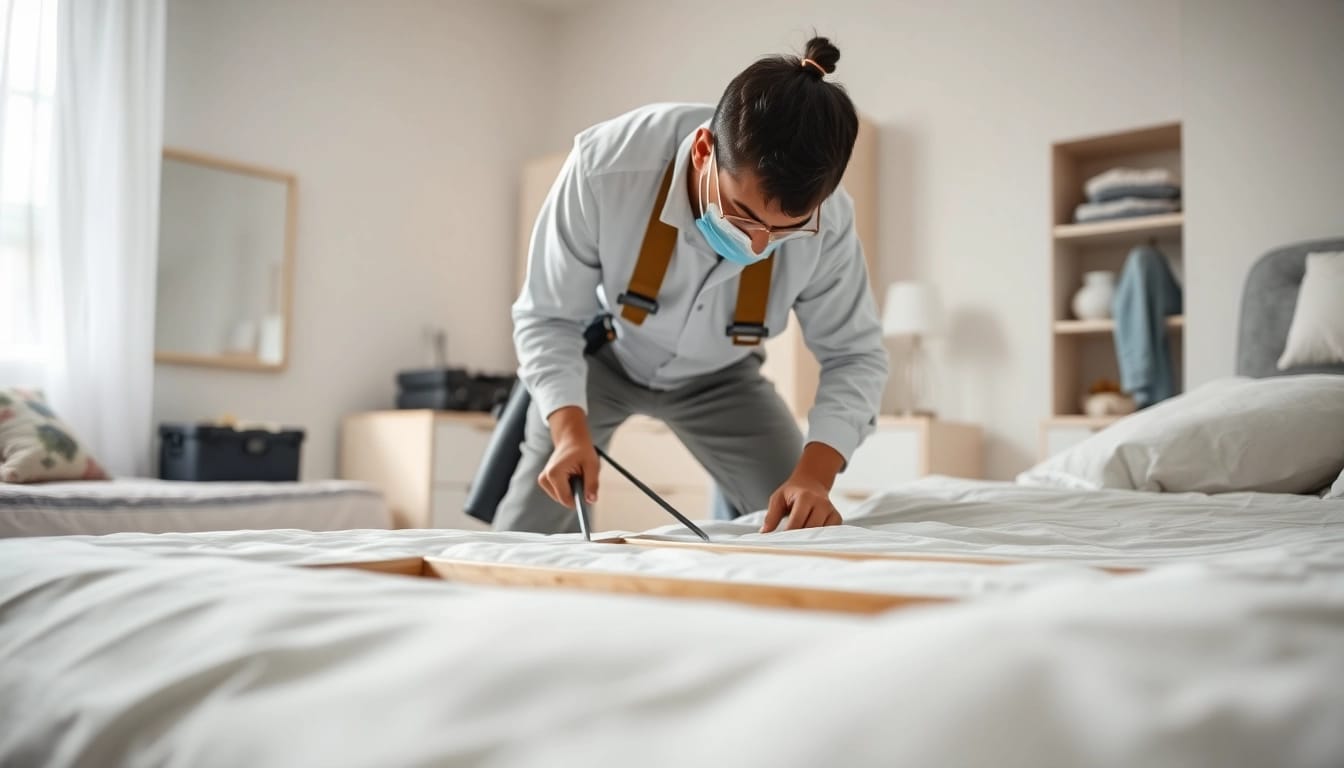 Bed bug exterminators inspecting and treating a bedroom for bed bugs.