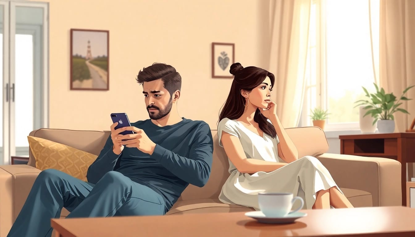 Identify signs of emotional infidelity in relationship with a couple showing emotional distance in a living room.
