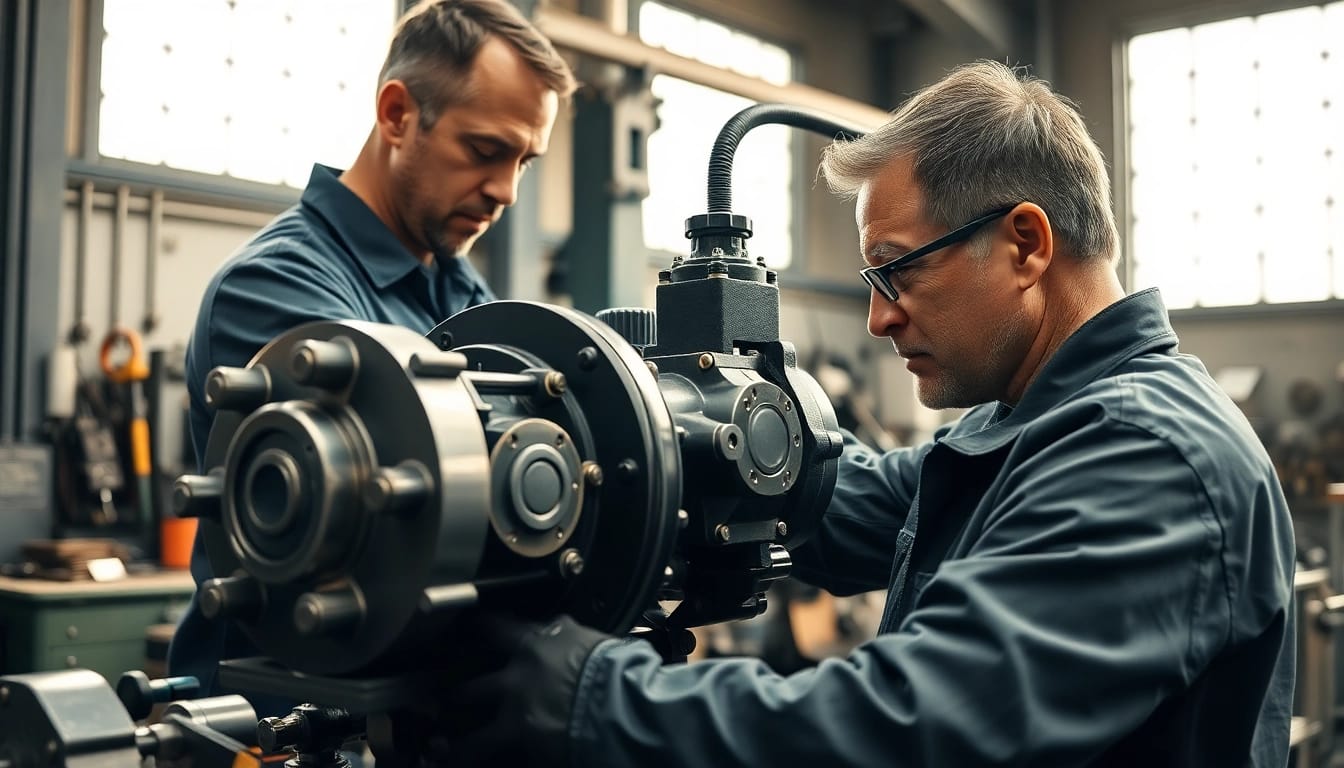 Offering hydraulic pump services in an industrial workshop with expert technician.