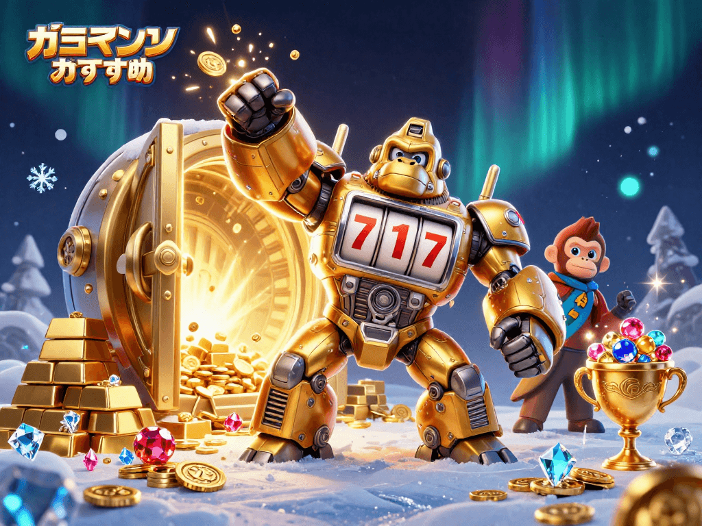 オンラインカジノおすすめのテーマで、金色のゴリラ型ロボットがスロットマシンの部品でできたイラスト。