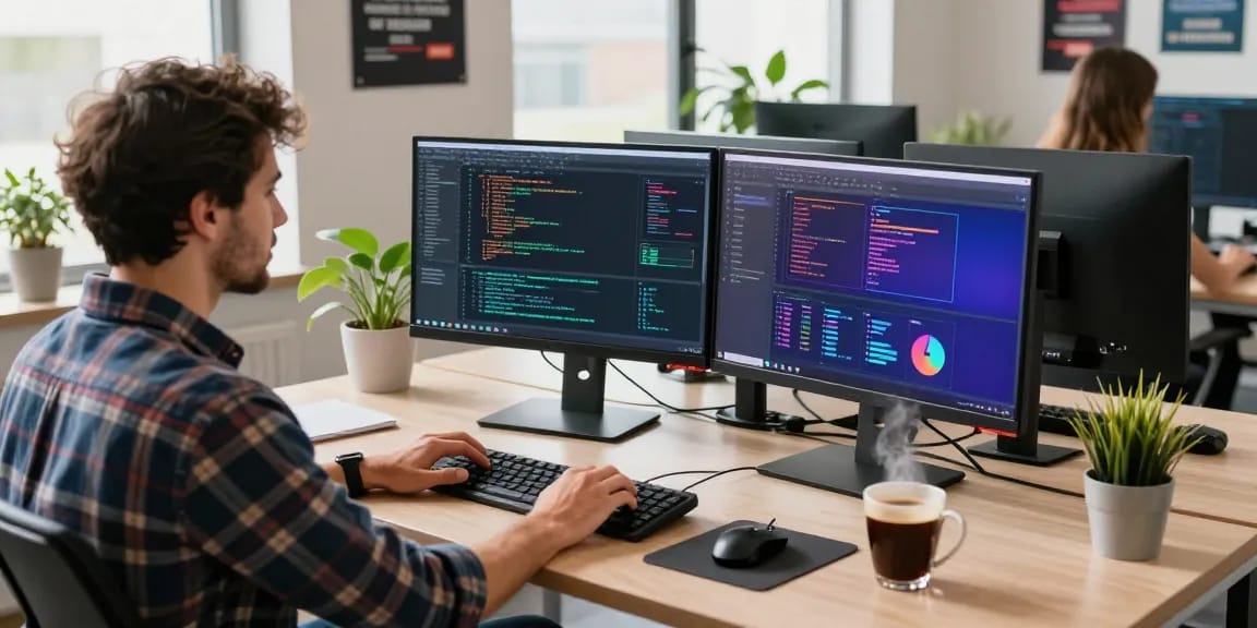 Engineer coding on monitors in a modern workspace, showcasing 456bd tech tools and collaboration.
