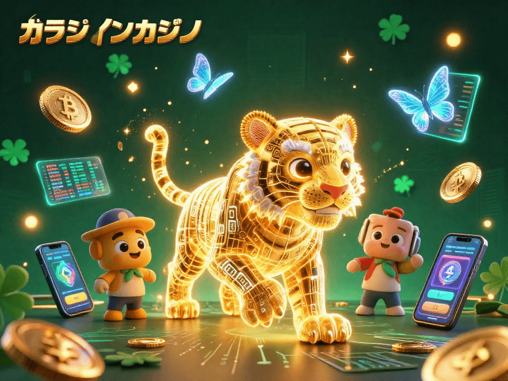 オンラインカジノで3Dワイヤーフレームのゴールデンタイガーがバイナリコードを引きずりながら踊るシーン